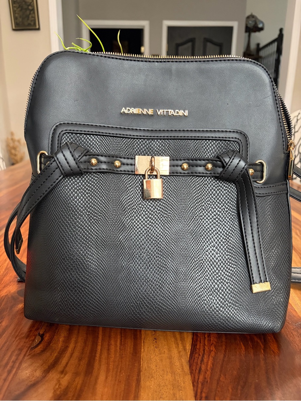 Adrienne Vittadini Black Textured Backpack with Gold Lock Detail